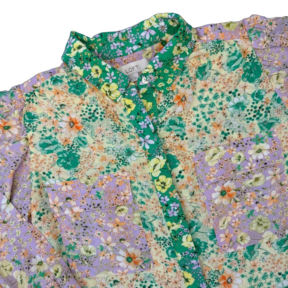 LOFT Mixed Floral Patchwork Button-Down Blouse Multi-color Size Small